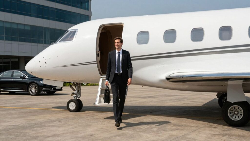 Entrepreneur boarding a private jet after leaving work early.