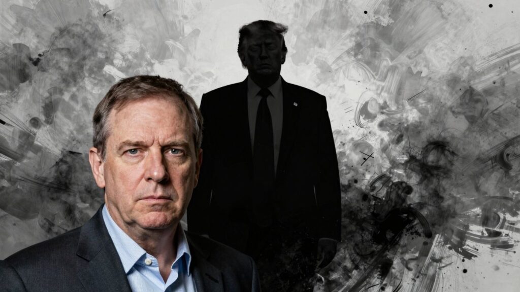 John Mearsheimer and a Trump-like silhouette.