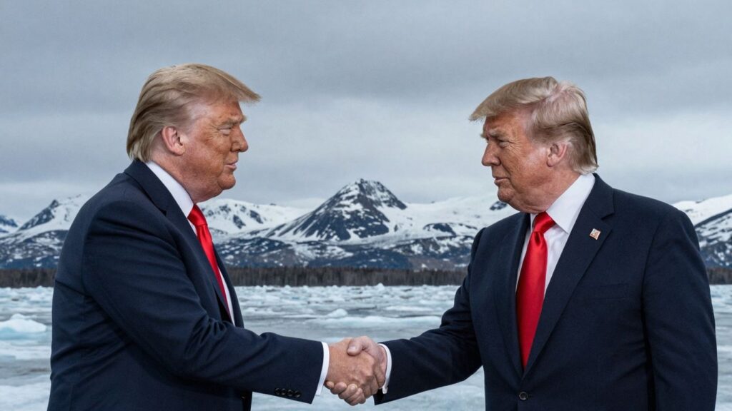 Split image: Trump in diplomacy vs. Alaskan standoff.