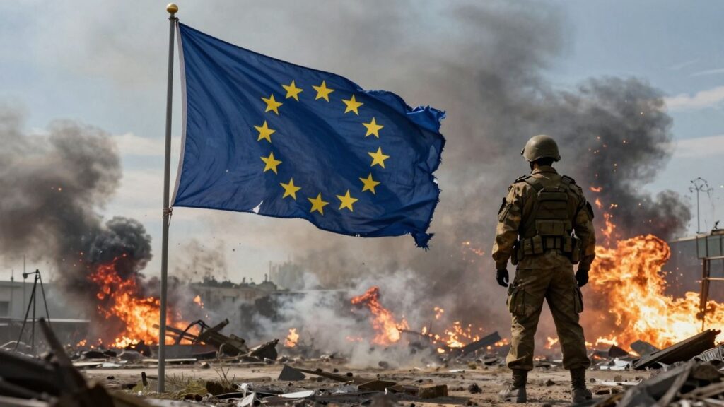 European flag and soldier against war-torn sky.