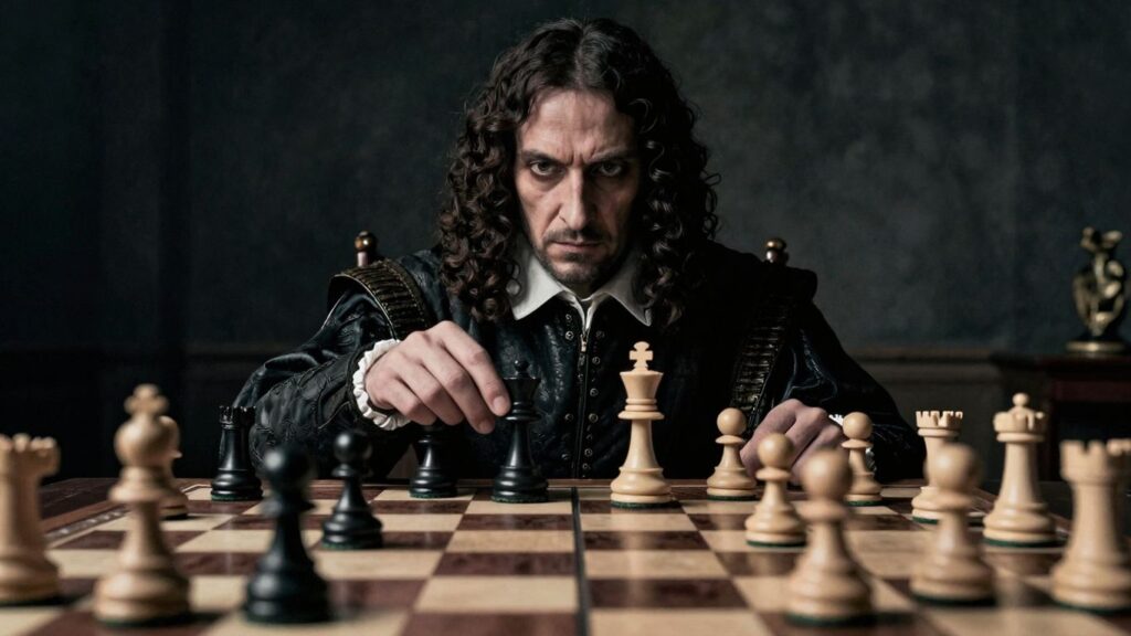 Machiavelli observing a strategic chessboard with dark, imposing background.