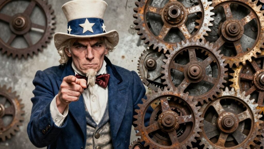 Uncle Sam pointing at complex machinery.