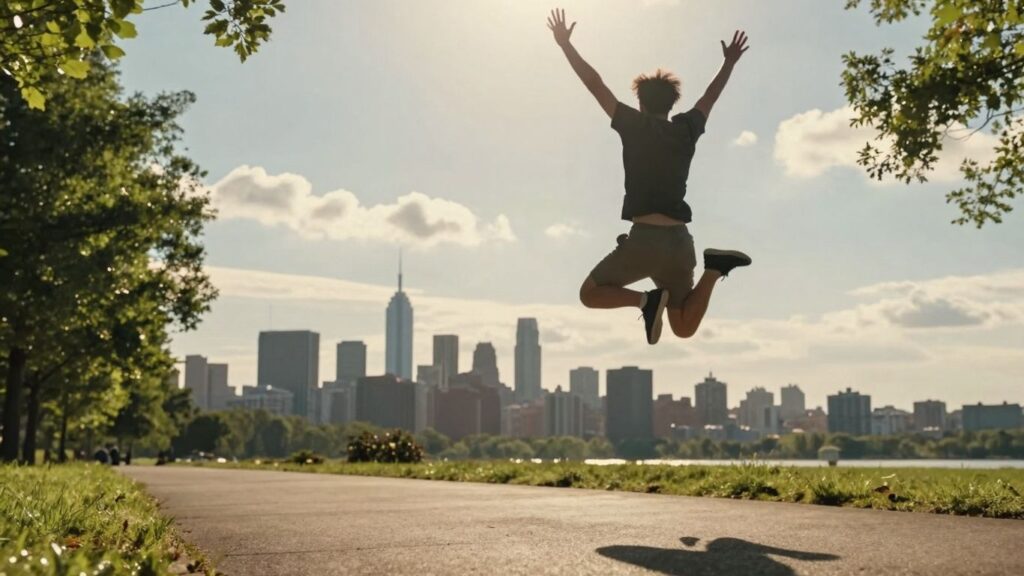 Person celebrating success on a path to a city.