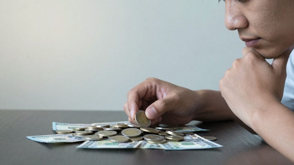 Person contemplating wealth with a hopeful, bright background.