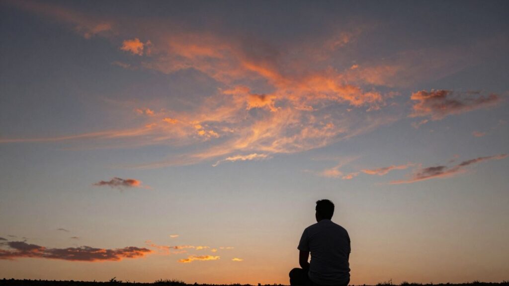 Man looking at a fiery sunset, contemplating.