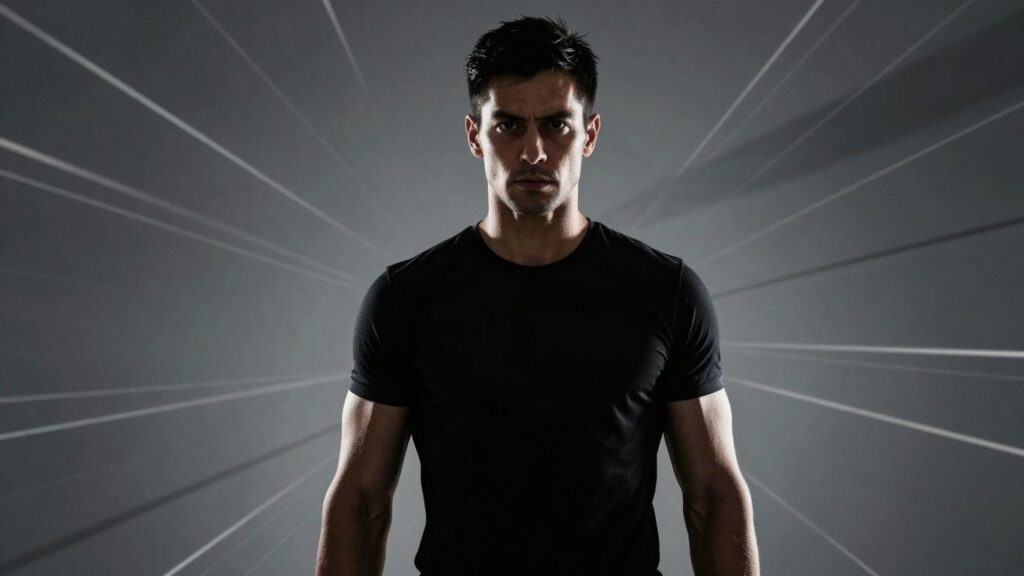 Person with intense focus, radiating confidence and determination.