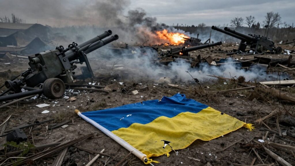 Tattered Ukrainian flag on a desolate battlefield.