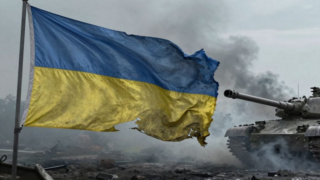 Tattered Ukrainian flag, smoke, distant artillery, shadowed Western tank.