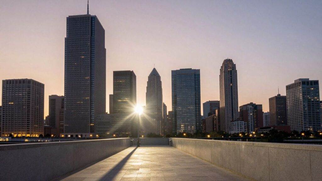 Transforming cityscape under a twilight sky.