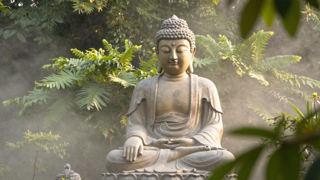 Serene Buddha statue in lush greenery with golden light.