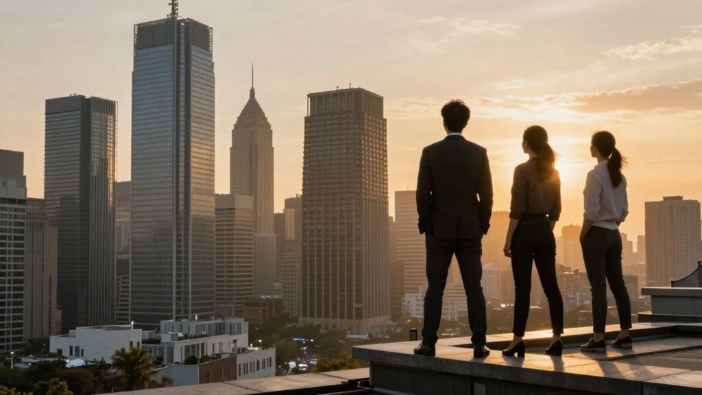 Cityscape with skyscrapers and ambitious people on a rooftop.