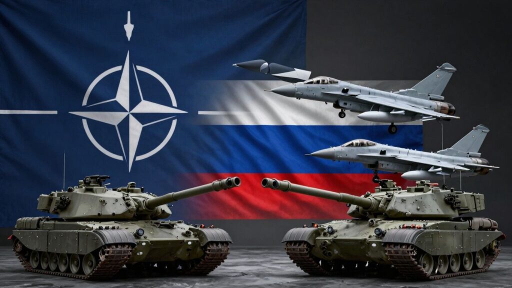 NATO and Russian flags in a tense standoff with military vehicles.