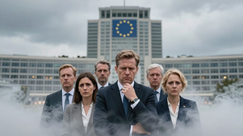 European leaders looking concerned in front of EU building.