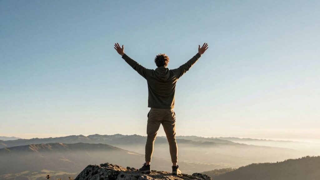 Person celebrating success on a mountain peak at sunrise.