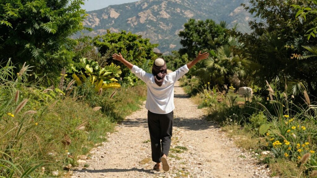 Person looking towards a bright future landscape.