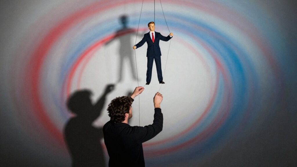 Political manipulation with shadowy figure and puppet.