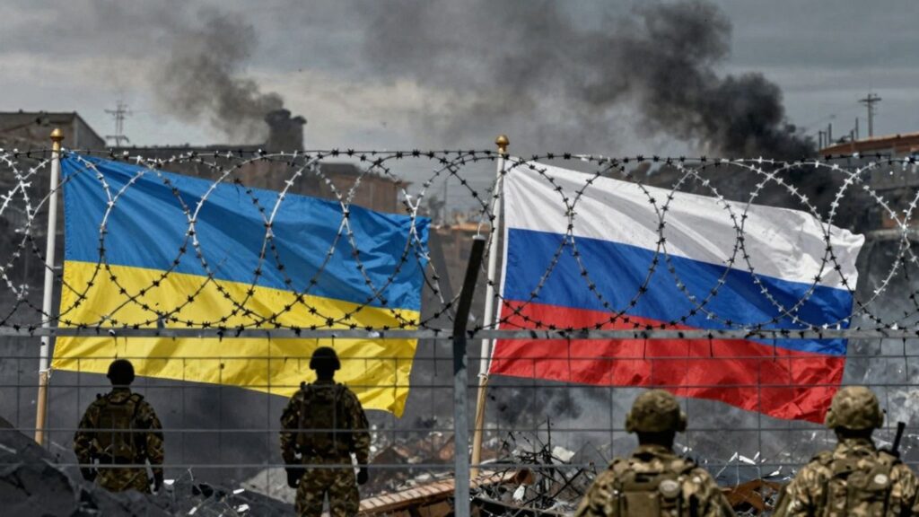 Ukrainian and Russian flags separated by barbed wire, soldiers in background.