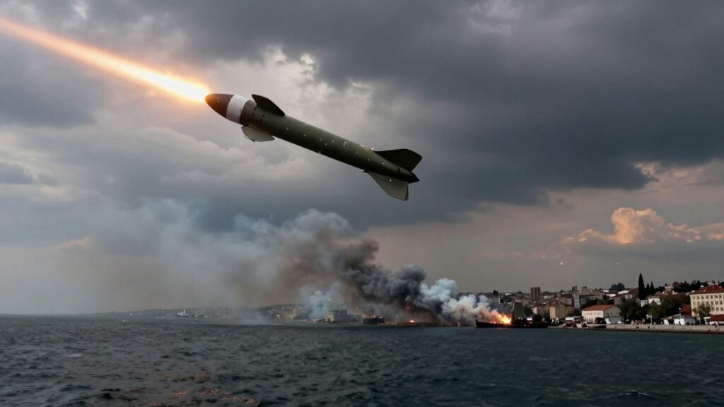 Russian missile over Odessa, smoke rising from port.
