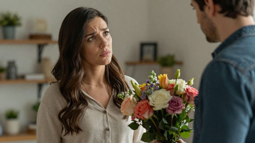 Woman confused by man with flowers.