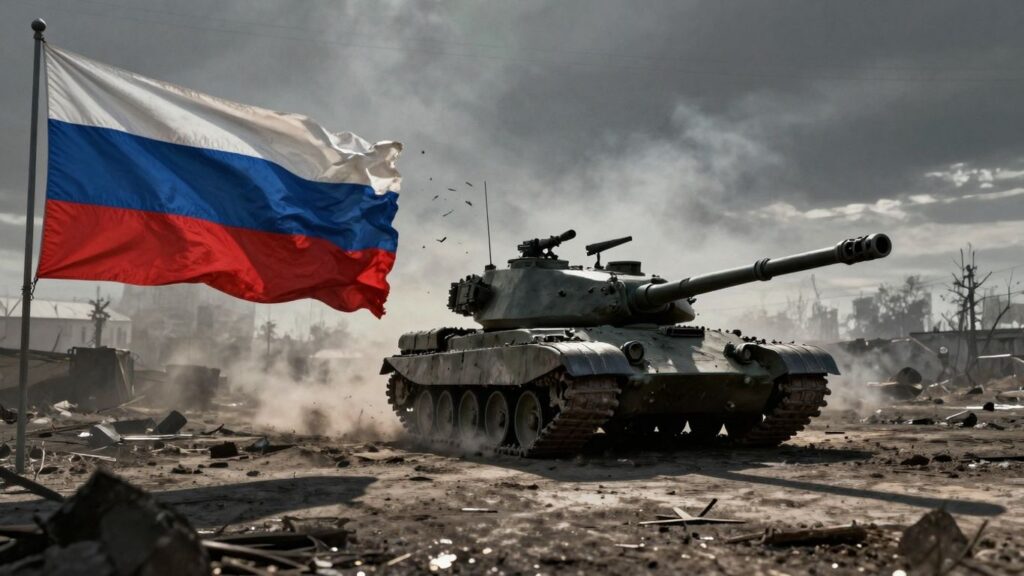 Russian flag, fragmented European flag, tank, war-torn landscape.