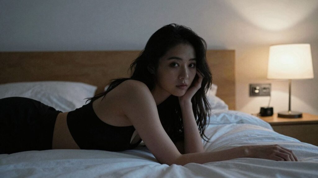 Intimate bedroom scene with a woman's silhouette.