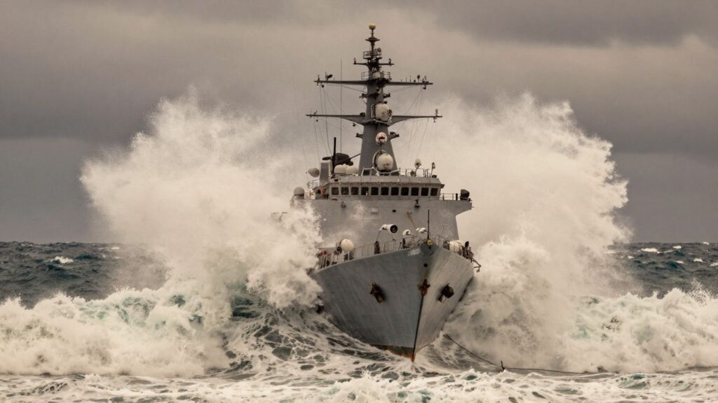 Stormy seas with a naval ship navigating rough waters.