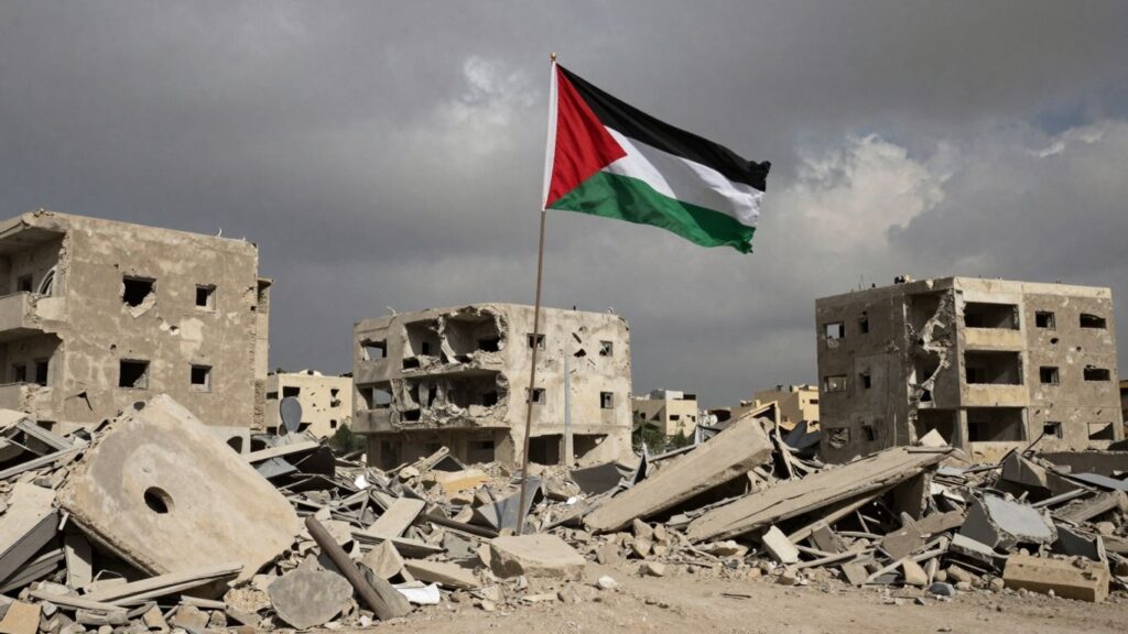 Palestinian flag amidst Gaza's conflict-ridden landscape.