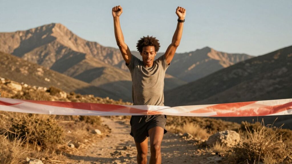 Person crossing finish line, achieving goals, triumphant.