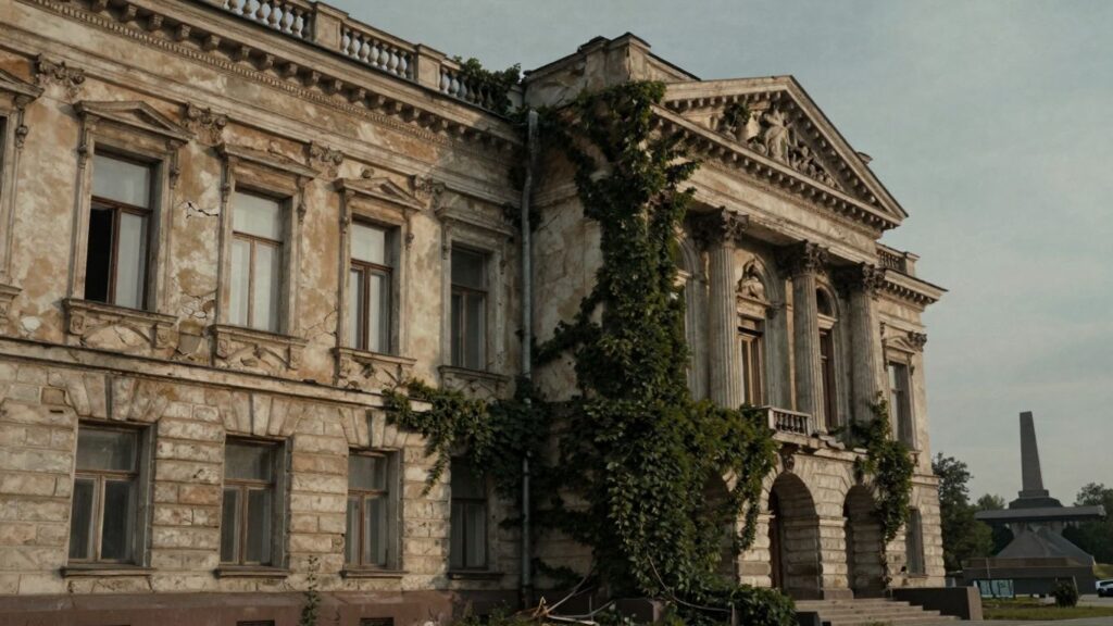 Crumbling neoclassical building with overgrown ivy, faded Soviet monument background.