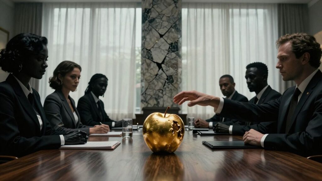 Elite figures in a decaying boardroom.