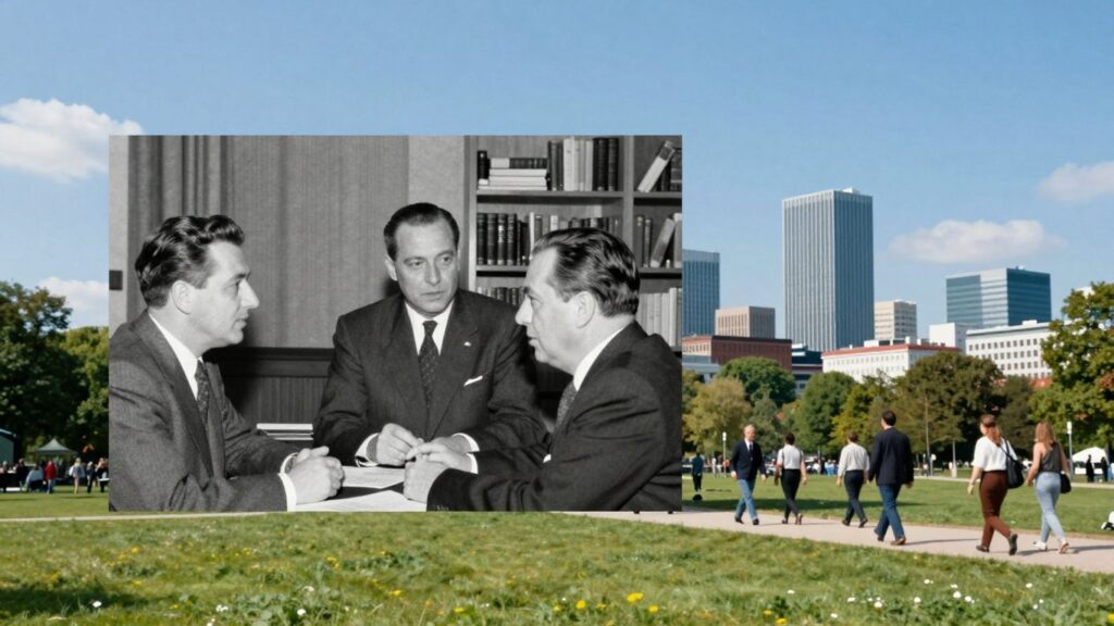 European leaders and modern cityscape montage.