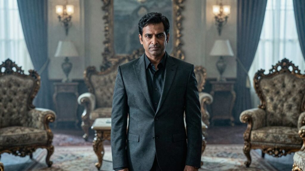 Man in suit with a smirk, dark opulent room, power.