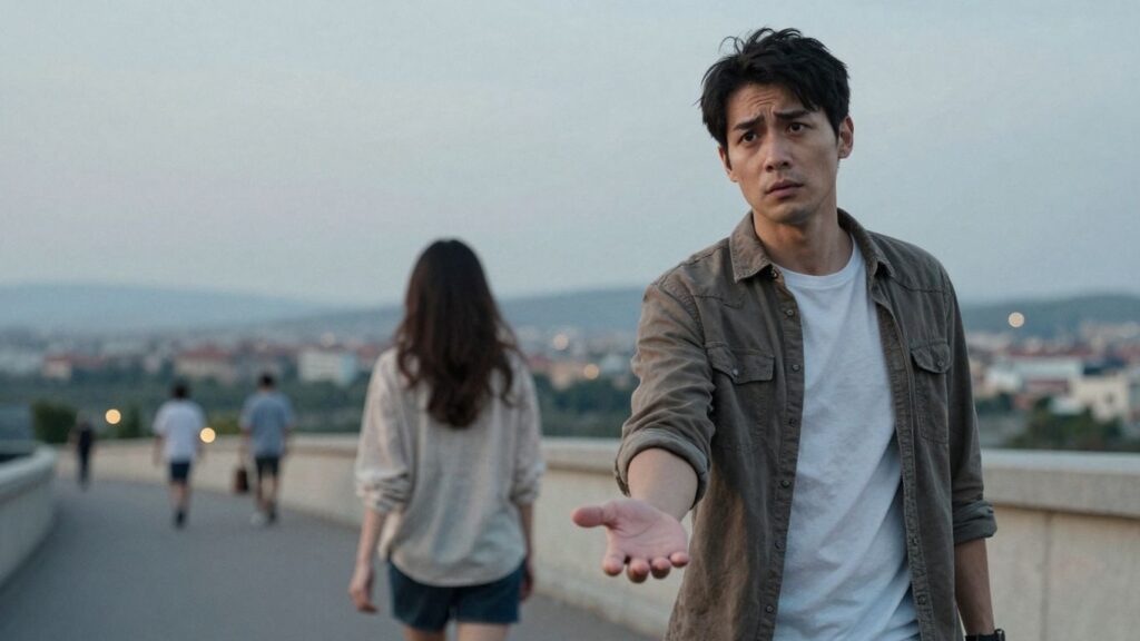 Man watching woman leave, longing expression.