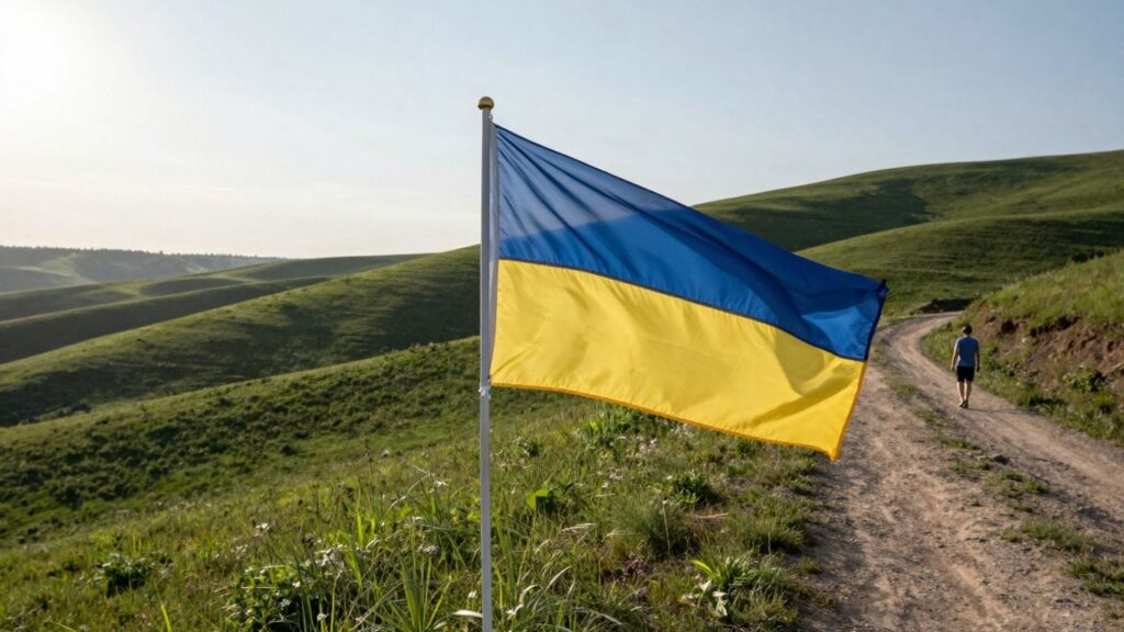 Ukrainian flag and a person walking on a path.