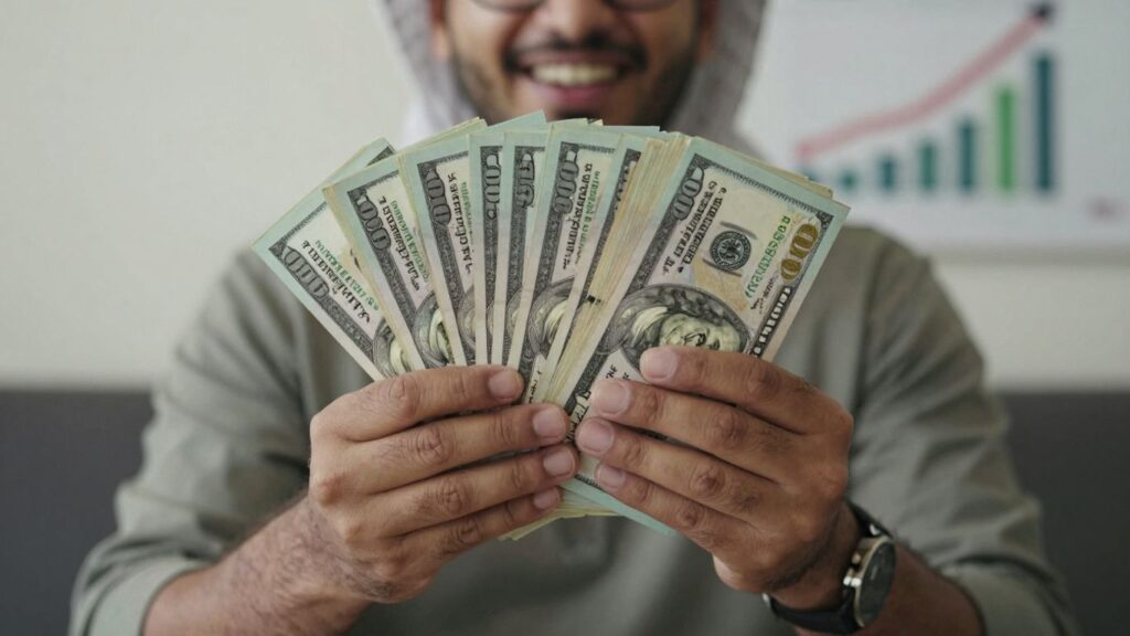 Millionaire holding stack of cash