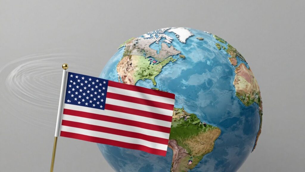 US flag overshadowing global map, signaling shift.