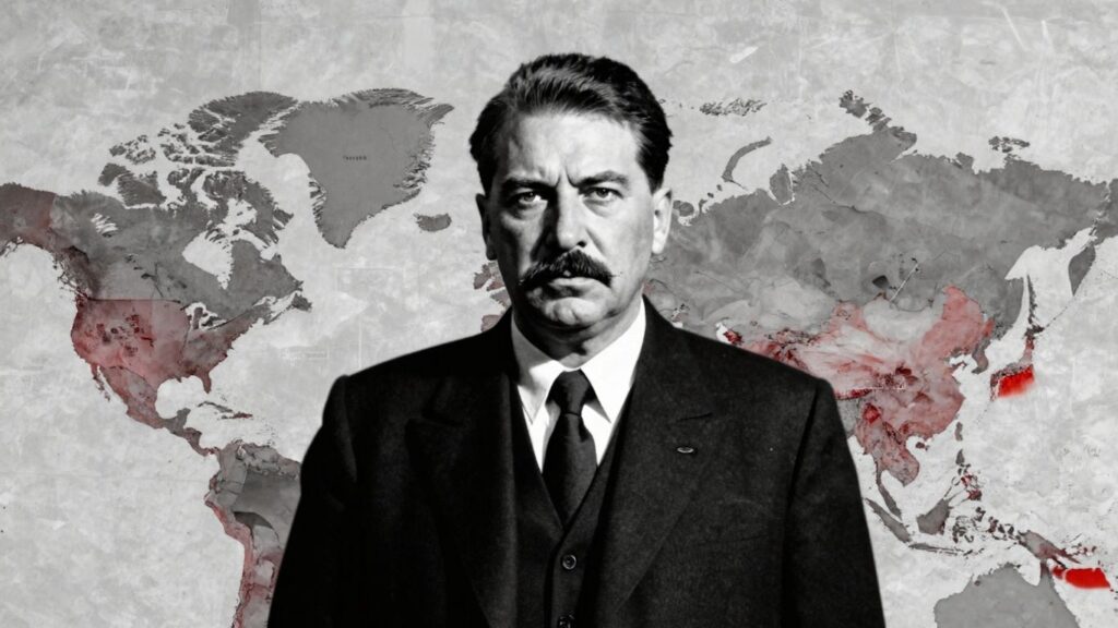 Stalin silhouette over modern geopolitical map