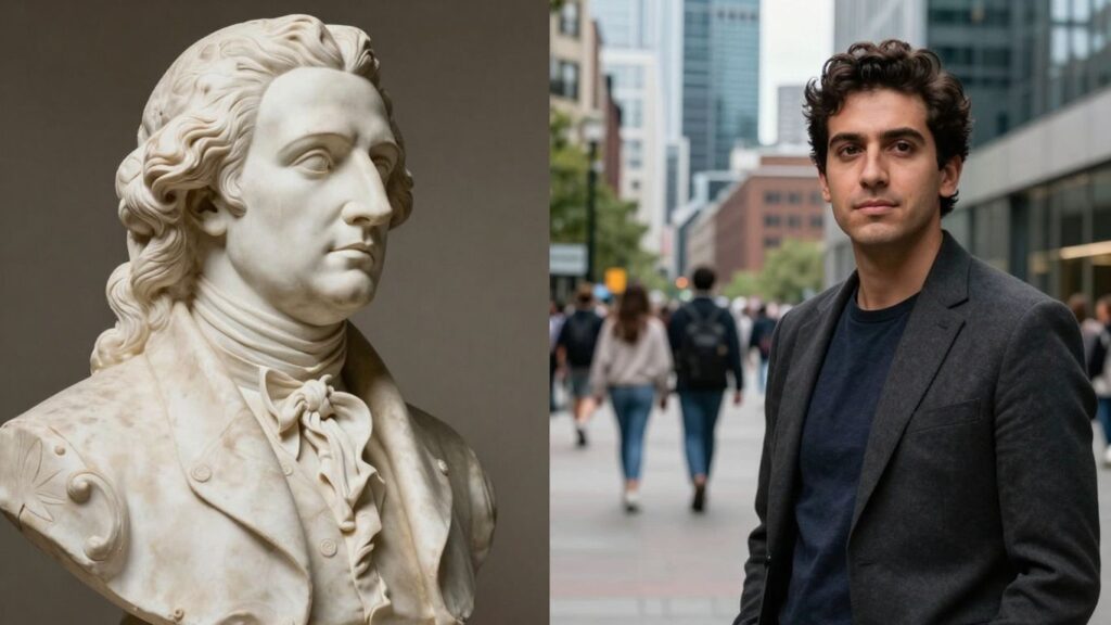 Adam Smith bust and modern diverse cityscape