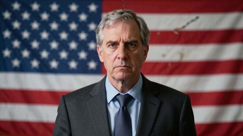 Divided American flag with a concerned professor.