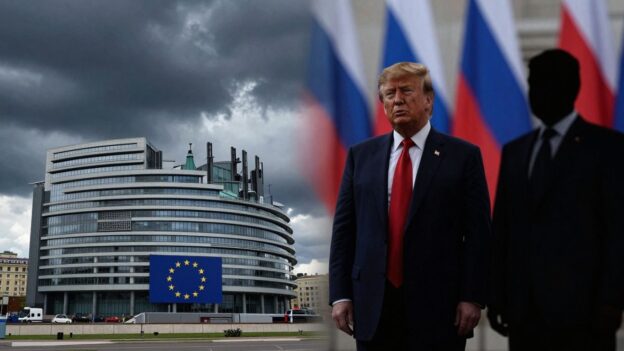 European Parliament and Trump silhouette with Putin and Russian flags.