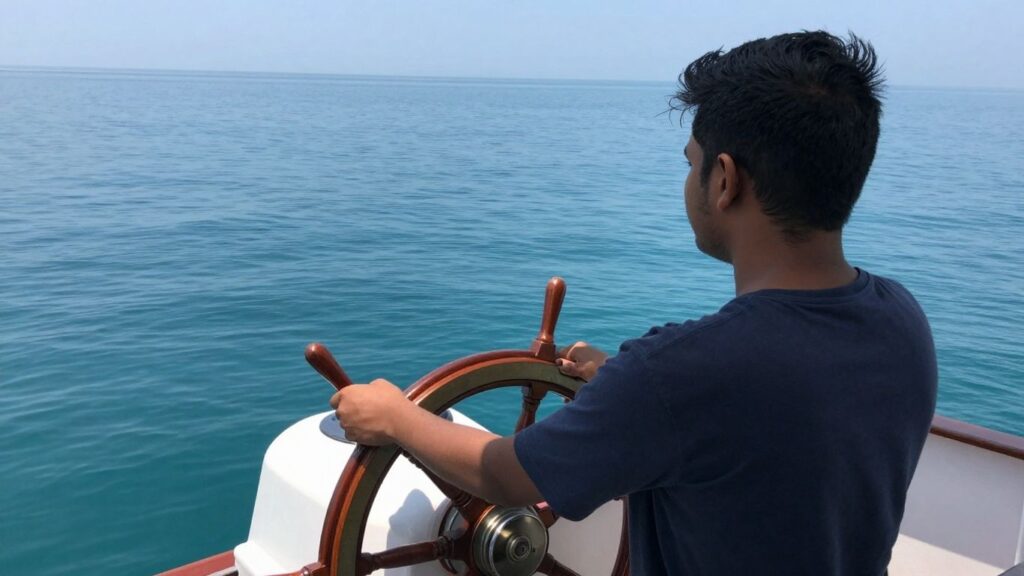 Person steering a ship, taking charge of their life.