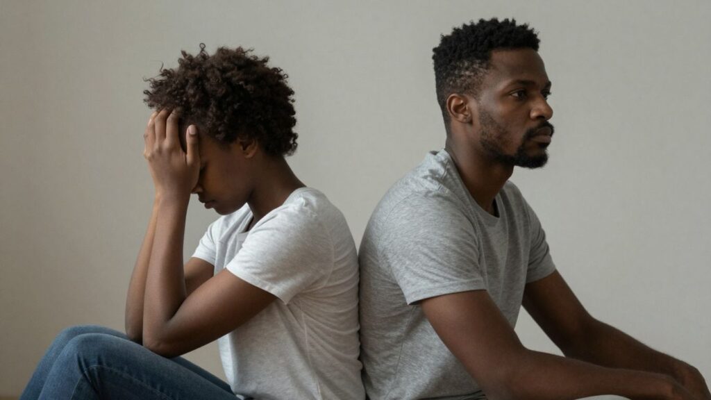 Couple looking away from each other, conveying emotional distance.