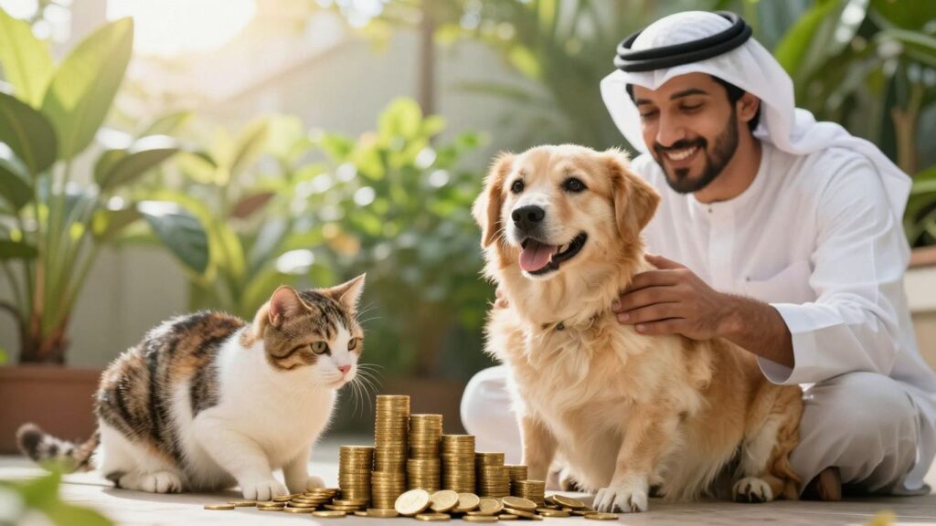 Profitable pet care industry with happy pets and gold coins.
