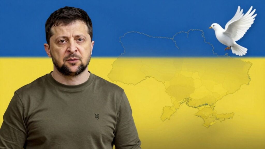 Zelenskyy and a dove of peace over Ukraine map.
