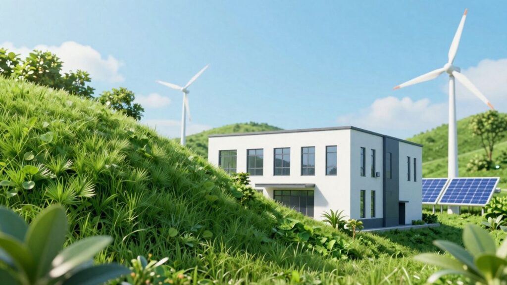 Green wave with business building and eco-friendly symbols.