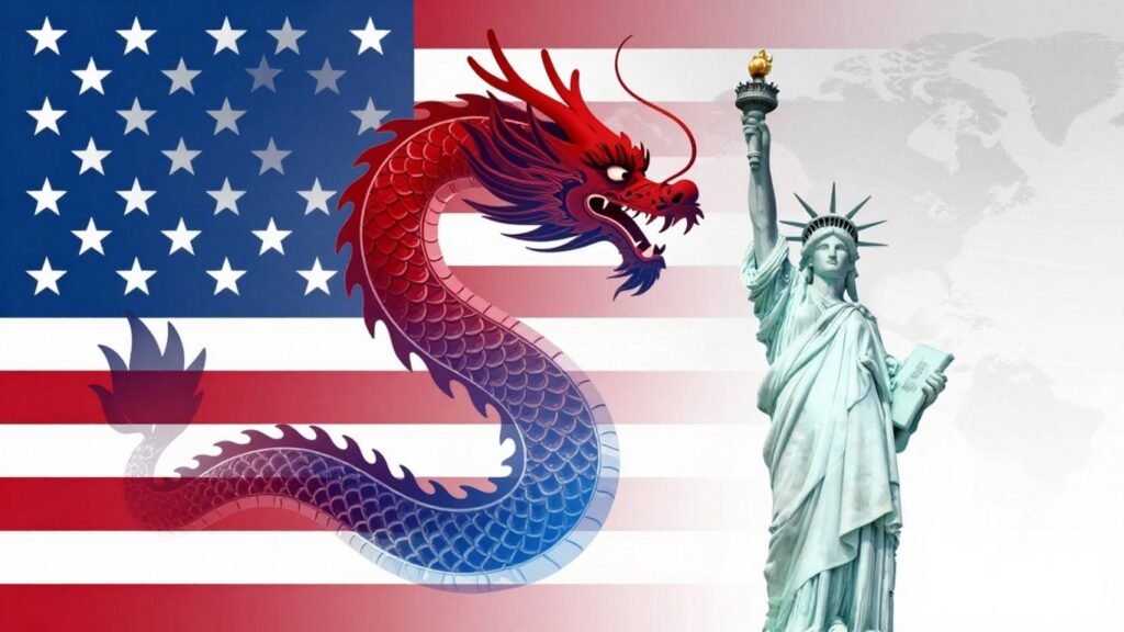 Chinese dragon encircling Statue of Liberty, global shift.