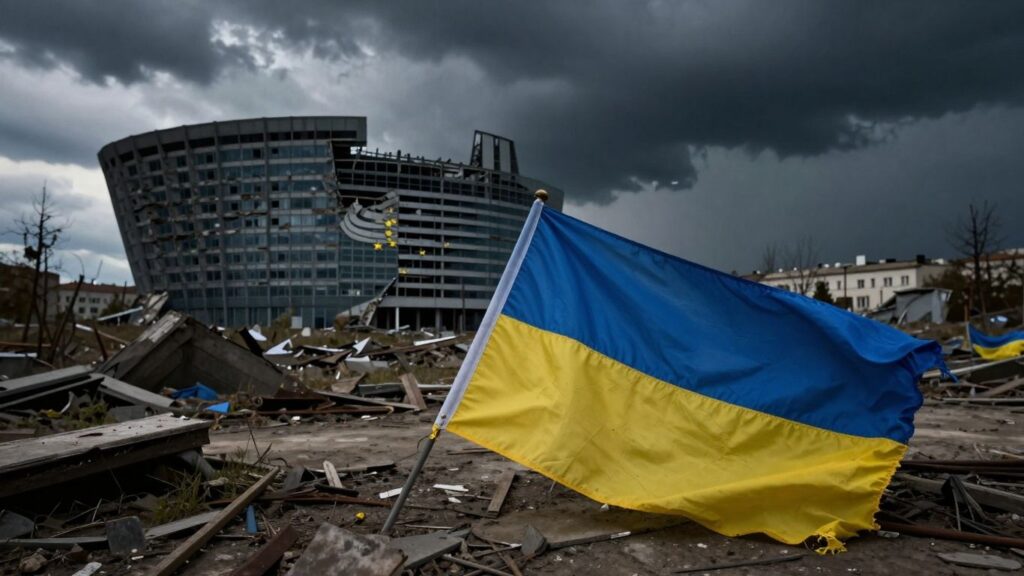 Tattered Ukrainian flag over desolate battlefield, crumbling parliament.