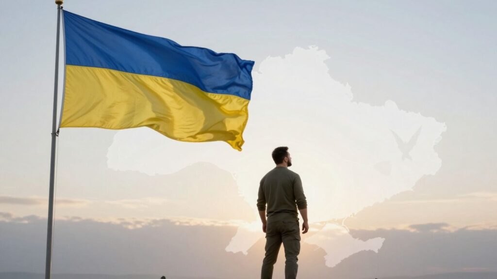 Zelensky looking at a divided Ukraine map, incomplete peace dove.