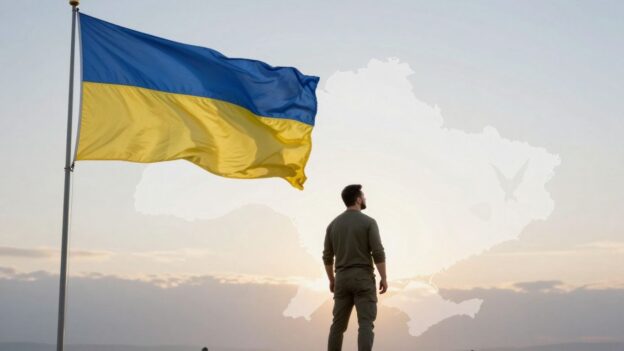 Zelensky looking at a divided Ukraine map, incomplete peace dove.