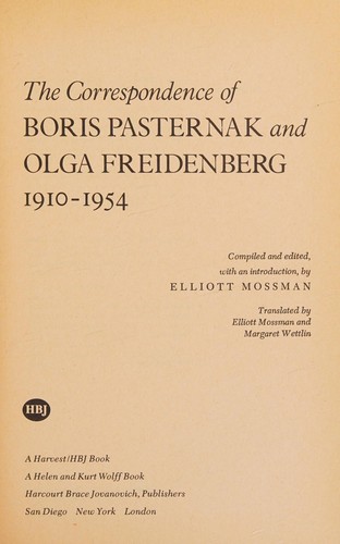 The Correspondence of Boris Pasternak and Olga Freidenberg, 1910-1954